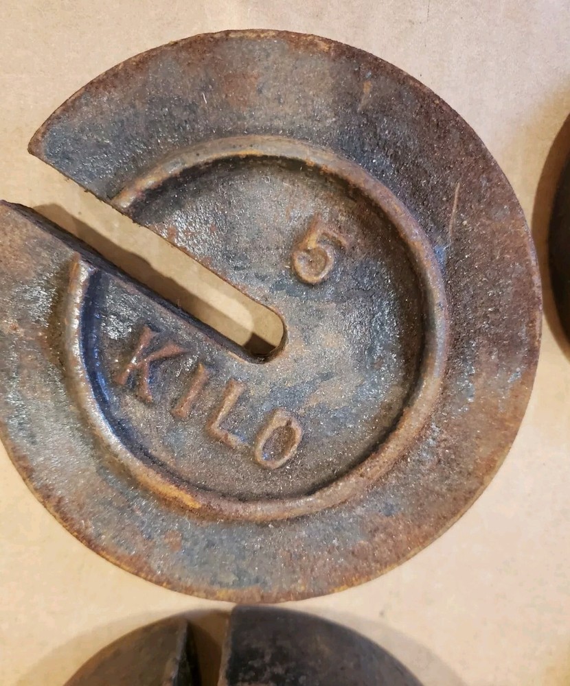5 Vintage Rustic Cast Iron Platform Scale Weights & Hanger