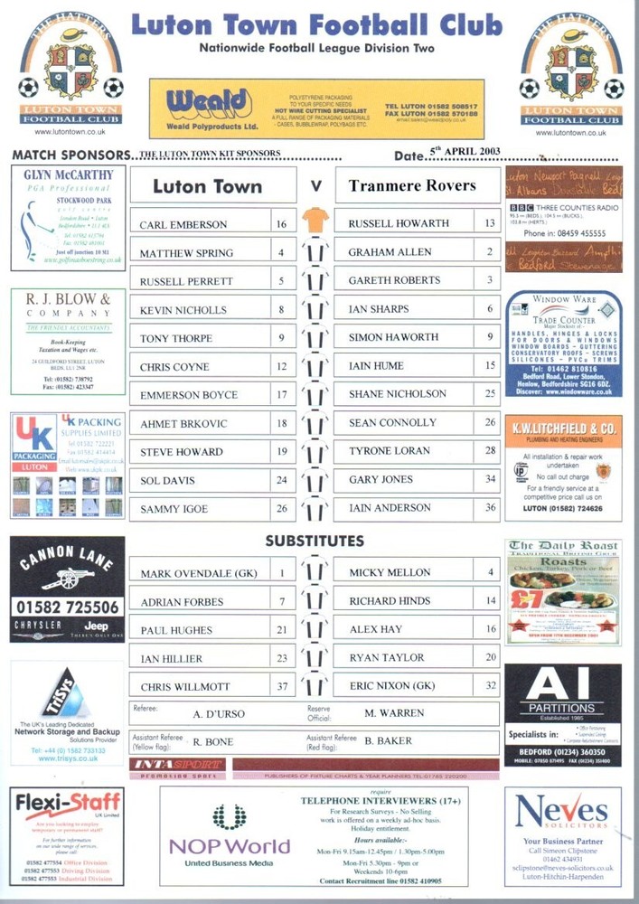 Team Sheet - Luton Town v Tranmere Rovers 5.4.2003