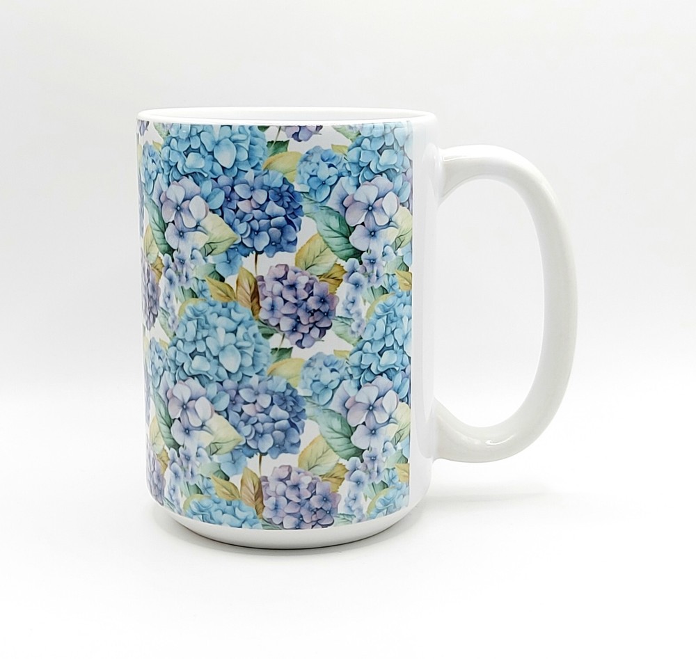 Blue Hydrangeas Coffee Tea Mug Cup 15 Oz Ceramic, Floral Pattern by Mugzan