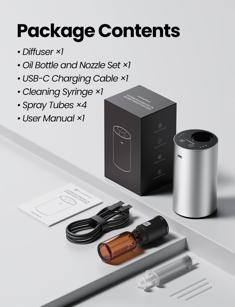Waterless Essential Oil Diffuser, Rechargeable Scent Diffusers with 3 Mist Le...
