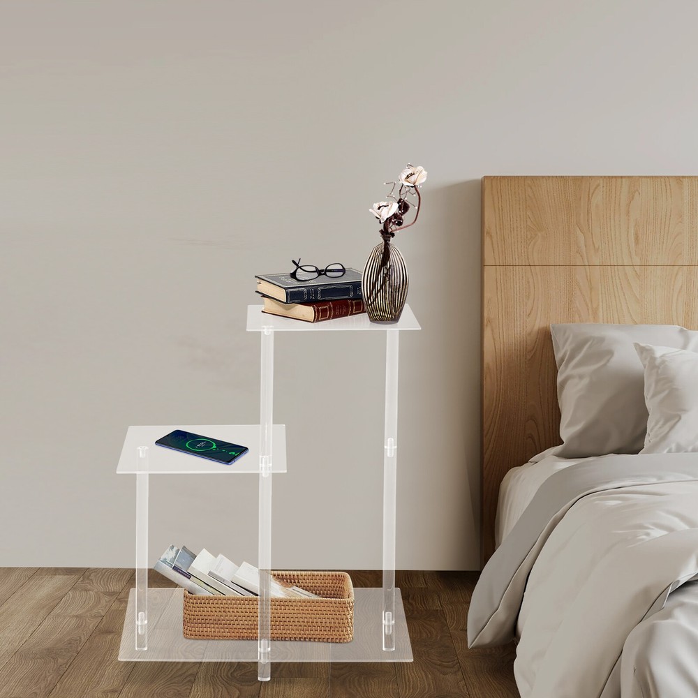 3-Tier Side Table Bedside Table with Open Storage Shelf Clear Side Square Table