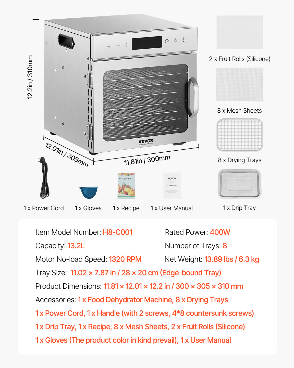 VEVOR 8 Trays Food Dehydrator Machine Stainless Steel 400W Jerky Fruit Drying