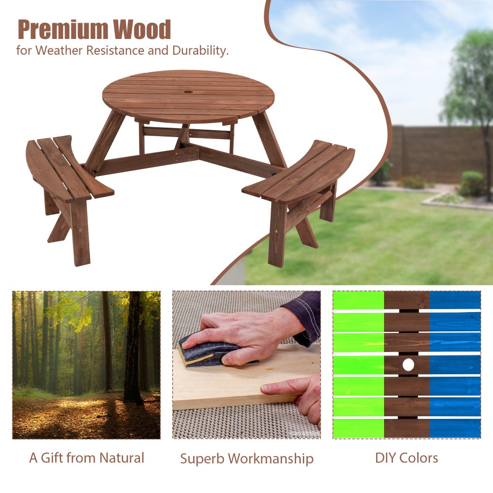 6-Person Outdoor Wooden Picnic Table w/ 3 Built-in Benches, 1720lb Capacity
