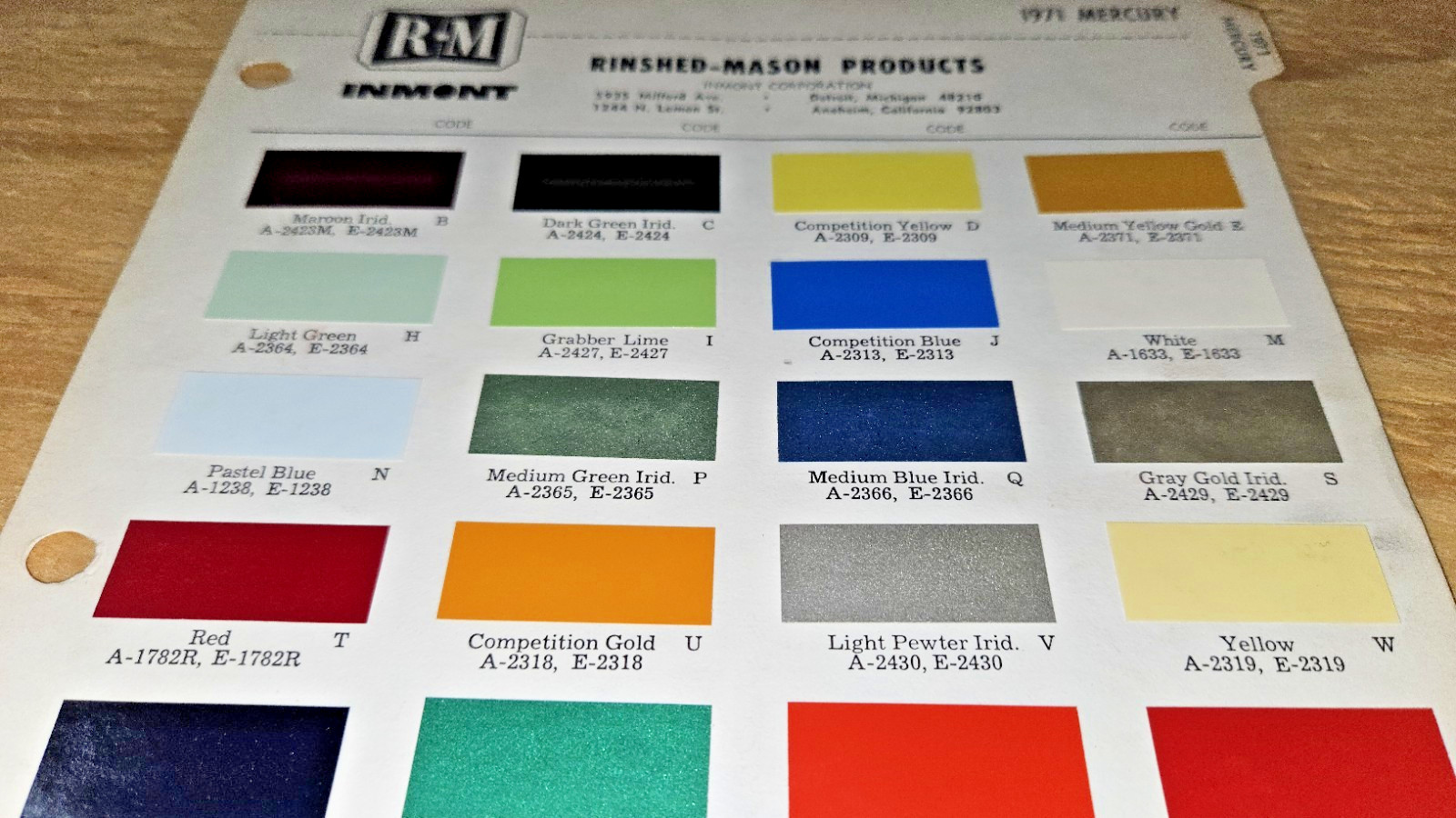 1971 Mercury Color Paint Chips chip codes RM cougar comet marquis montego chips