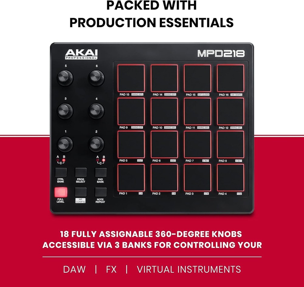 Portable Akai MPD218 MIDI Controller with 48 Assignable Pads and Touch Controls