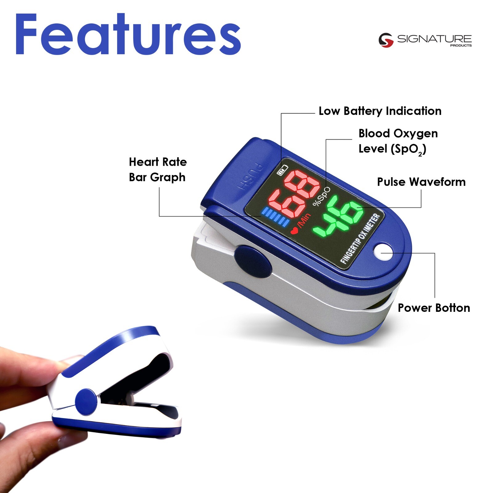 USA LK Fingertip Pulse Oximeter Blood Oxygen Monitor SpO2 Lnyr LED Batt Not Incl