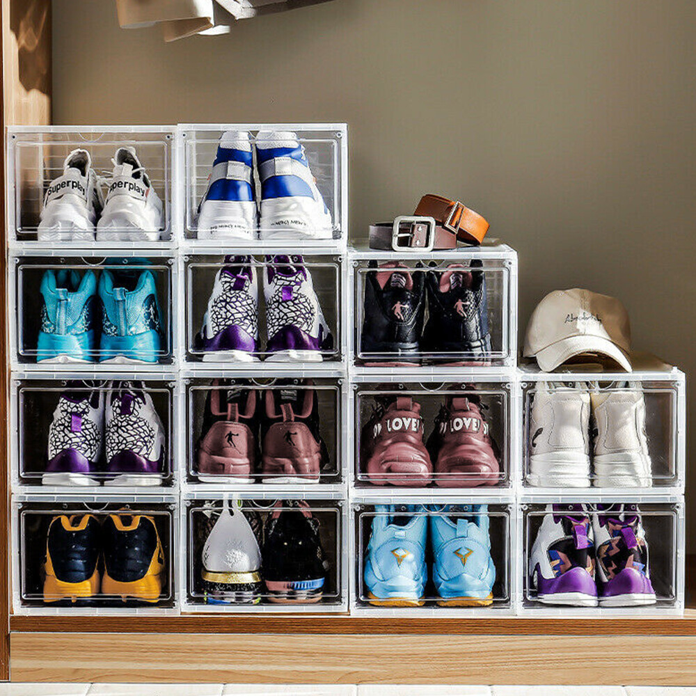 4/8x Foldable Shoe Box Storage Magnetic Stackable Plastic Sneaker Case Organizer