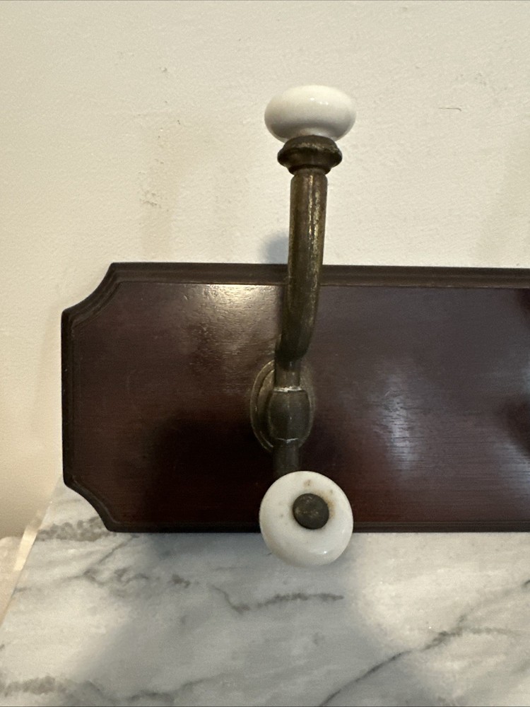 VTG Large Antique Solid Wood Wall Coat Hang Three Brass Hooks Porcelain Knobs