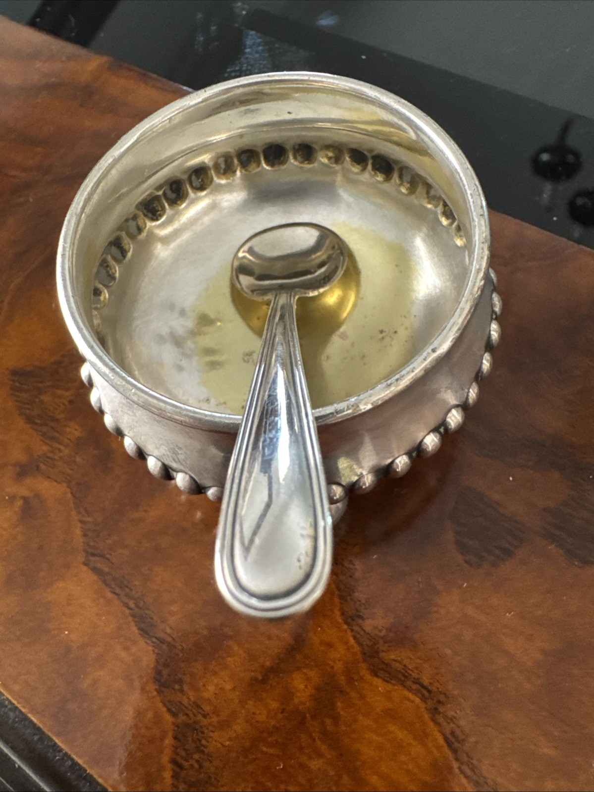 Silver Salt Cellar Beaded Rim ,Ball Footed With Sterling Salt Spoon