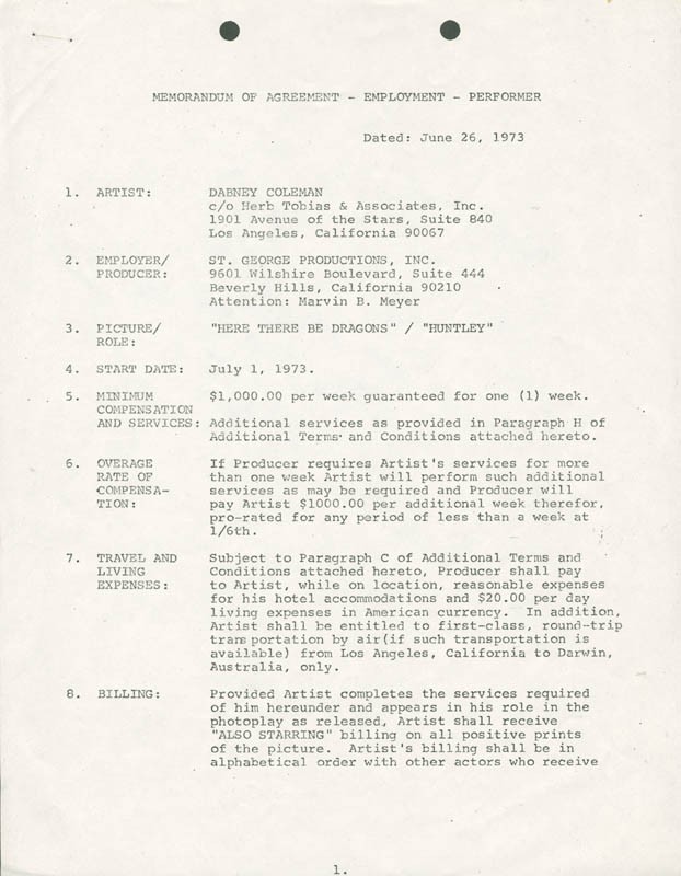 DABNEY COLEMAN - DOCUMENT SIGNED 06/26/1973