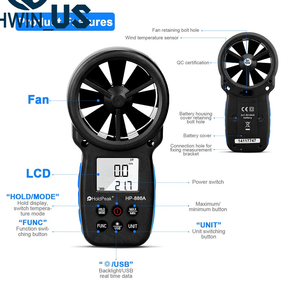 Handheld Digital LCD Anemometer Temperature Gauge Air Wind Speed Vane Meter 866A