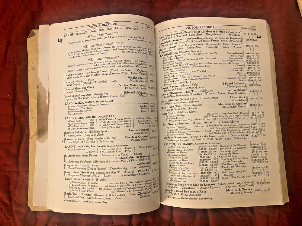 October 1926 Victor Phonograph Records Catalog Book