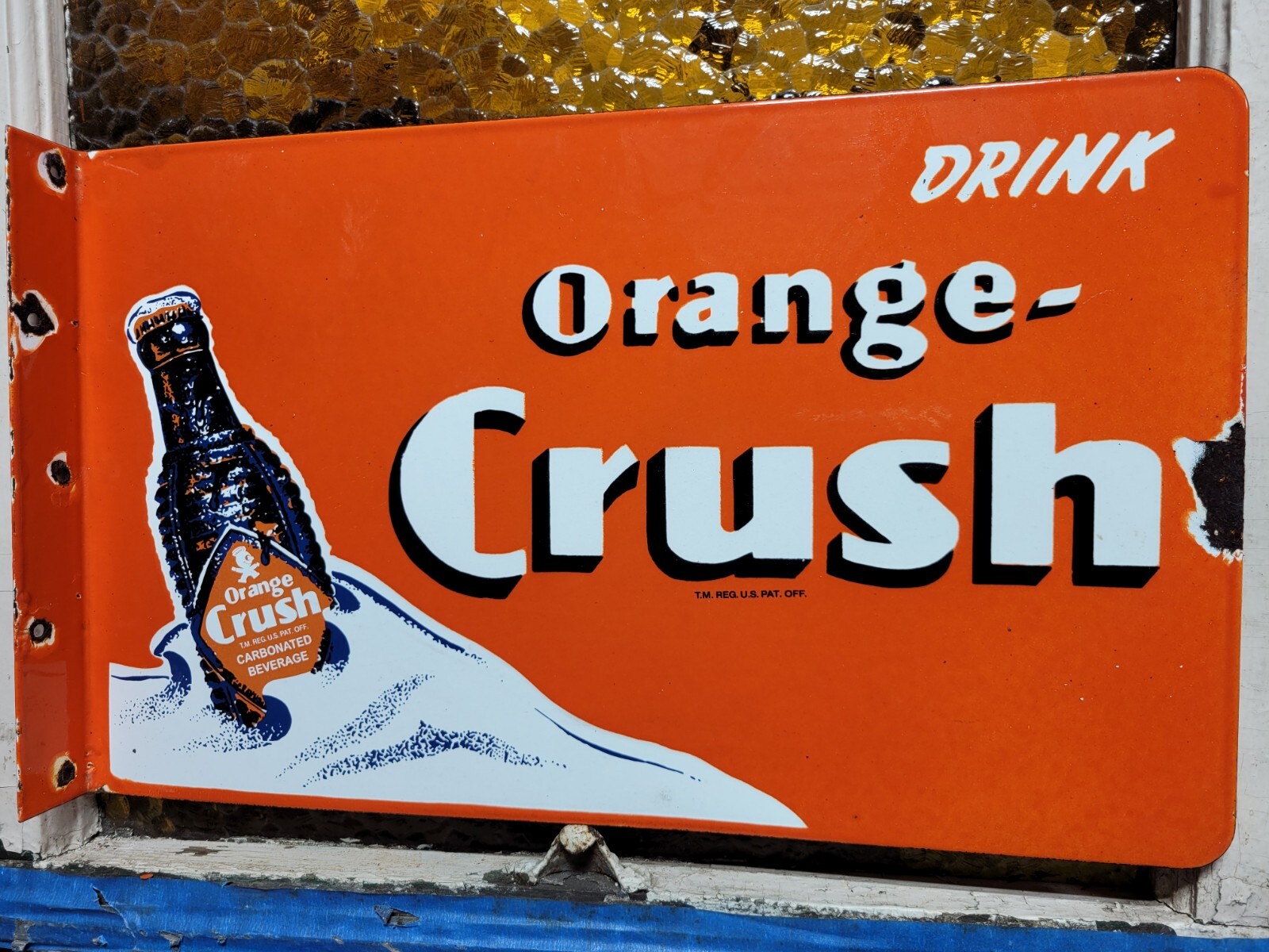 VINTAGE ORANGE CRUSH PORCELAIN SIGN OLD SODA FLANGE COLA BEVERAGE DRINK FOOD 20"