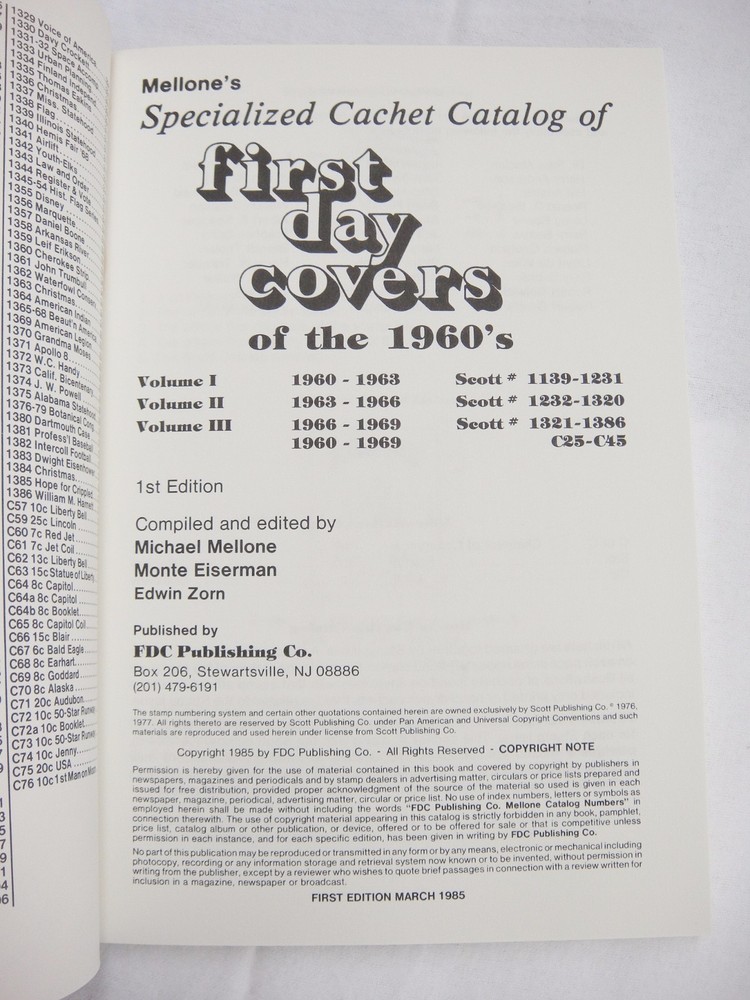 Mellone's Specialized Cachet Catalog First Day Covers 1960s Volume I 1960-1963