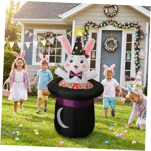 5 Ft Inflatable Easter Bunny in Magic Hat Yard Decoration, Cute Wizard Rabbit