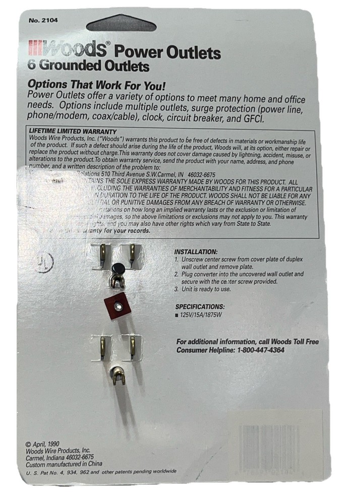 Woods Power 6 Grounded Outlets Side Entry Feature Space Saving New !
