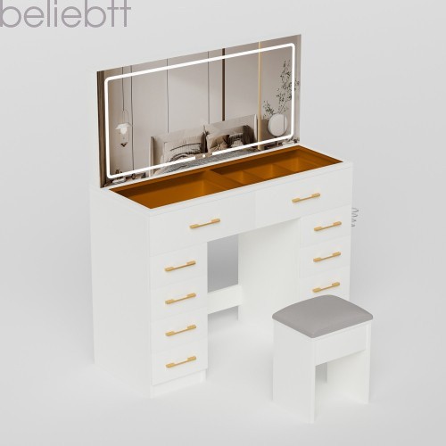 46"Glass Top Vanity Desk 10 Drawers Makeup Vanity Power Outlet, Silent Slides