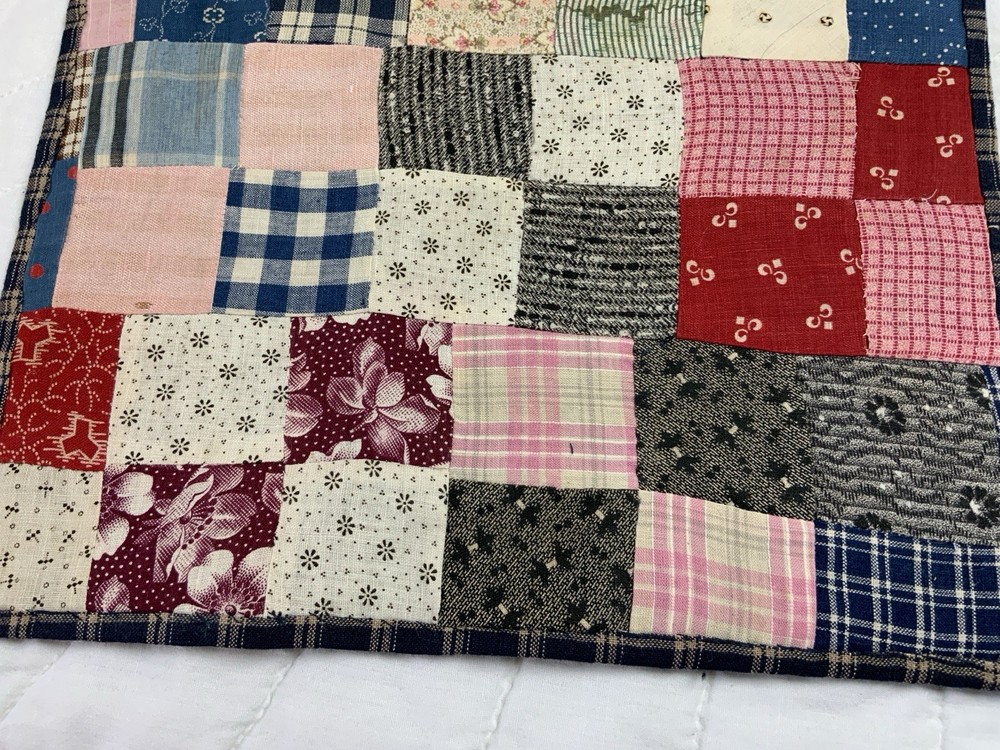 Antique Patchwork Quilt Table Topper, Rectangle, Four Patch, Early Calico Prints