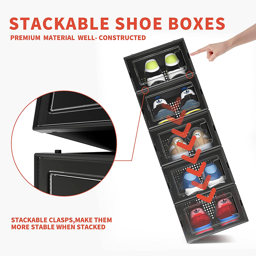 12 Pack Shoe Organizer Boxes, Black Plastic Stackable Shoe Storage Bins