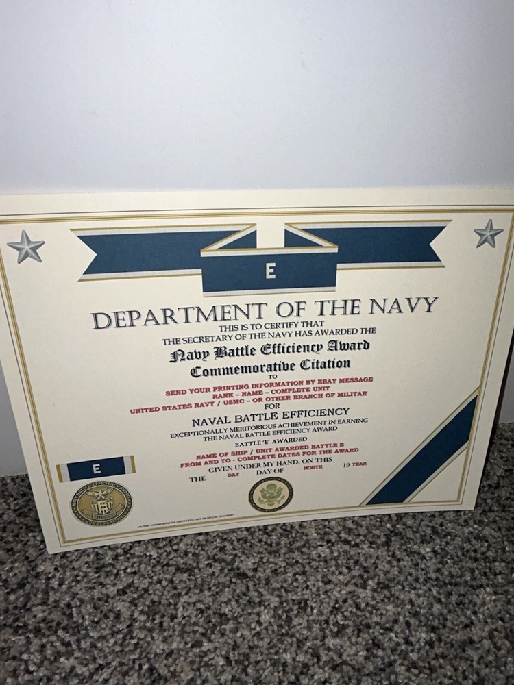 NAVY BATTLE EFFICIENCY AWARD COMMEMORATIVE CERTIFICATE ~ TYPE-2 / W/PRINTING