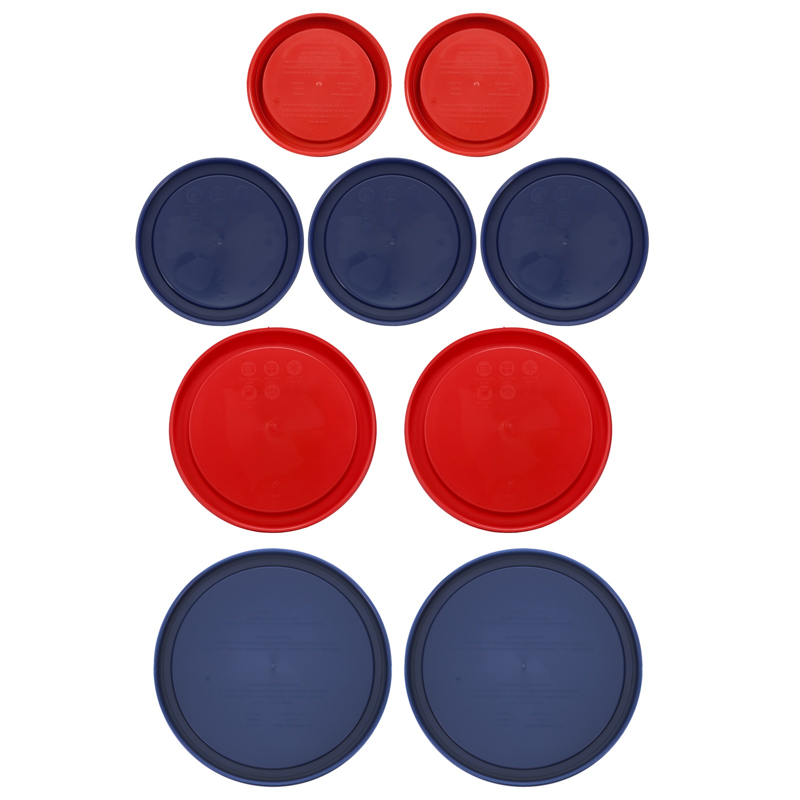 Pyrex Storage Lid Set: (2) 7202-PC 1 Cup Poppy Red, (3) 7200-PC 2 Cup Blue, (2)