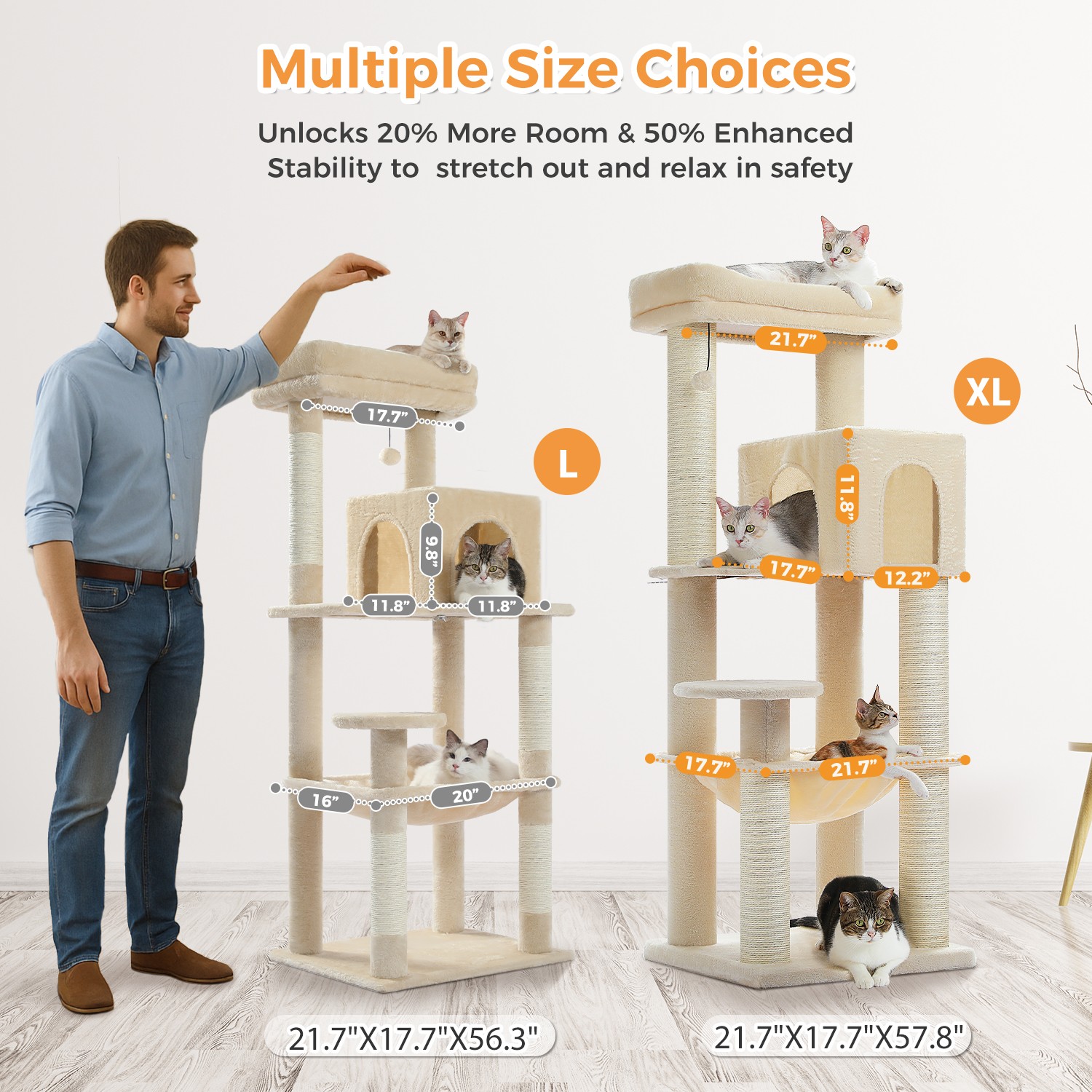 PAWZ Road XL Cat Tree Tower for Large Cats (30lb) with Thick Scratching Post Toy