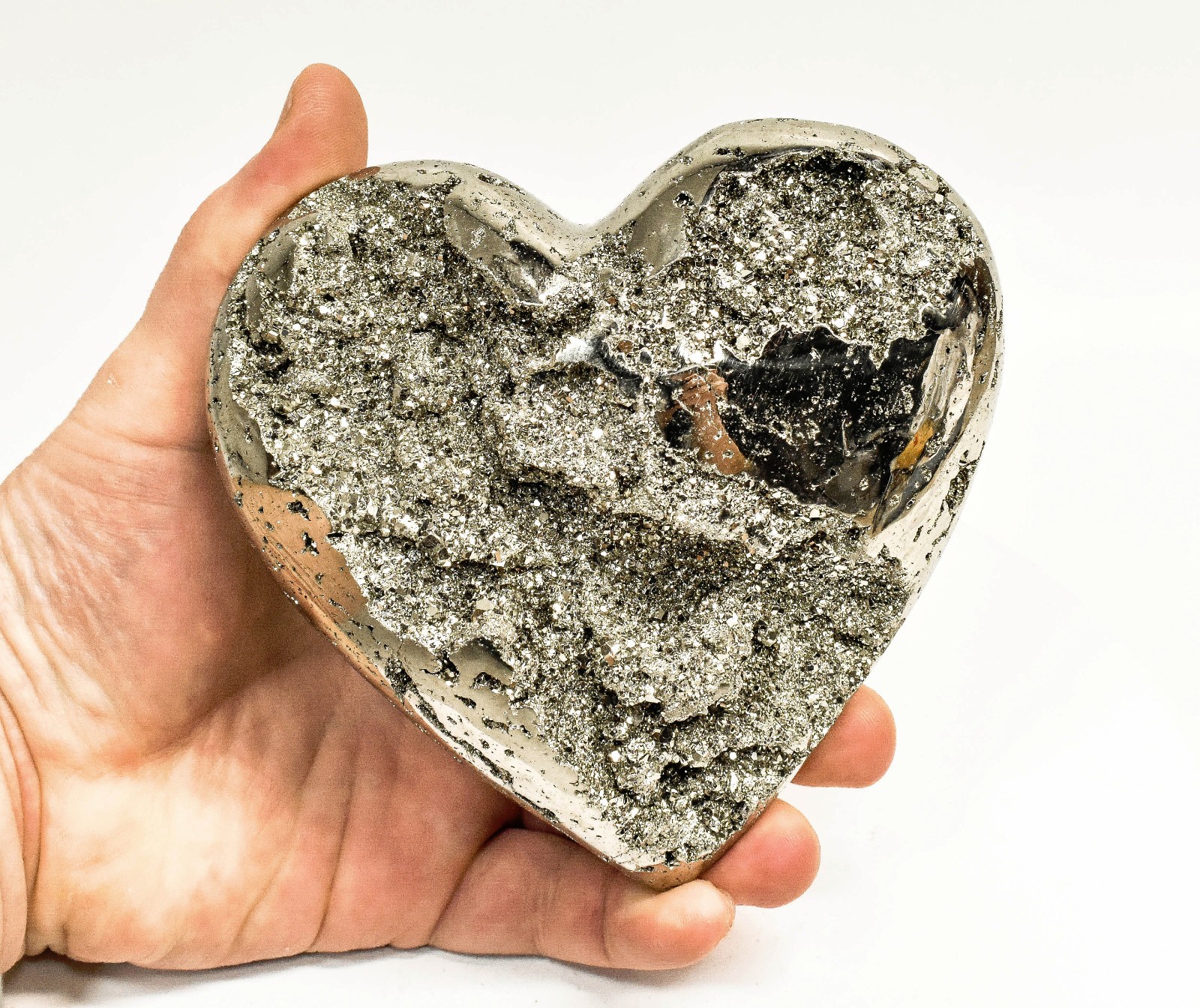 4.88" Polished PYRITE CRYSTAL HEART Carving Huanzala mine, Peru T705