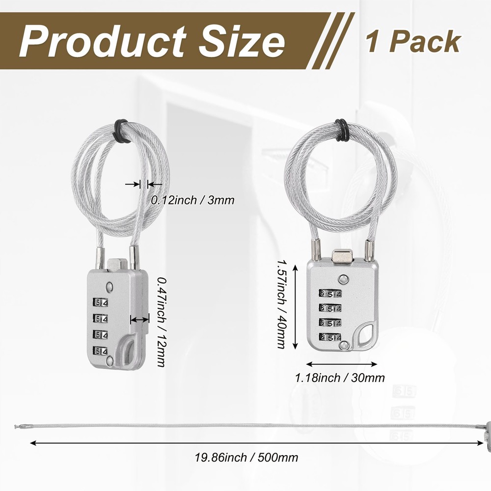 1-Pack Combination Padlock, 4 Digit 20 in Cable Luggage Lock [Silver Grey]