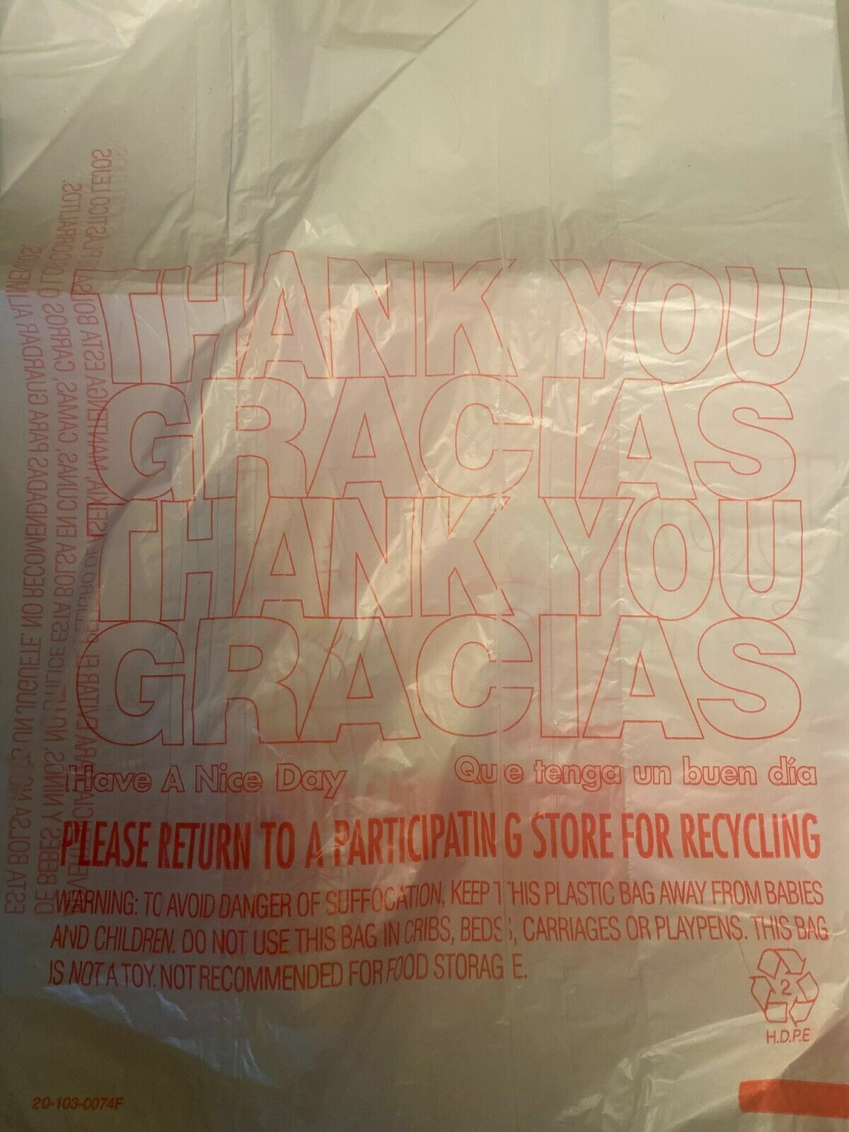 Bags 1/6 Large 21 x 6.5 x 11.5 THANK YOU T-Shirt Plastic Grocery Shopping Bags