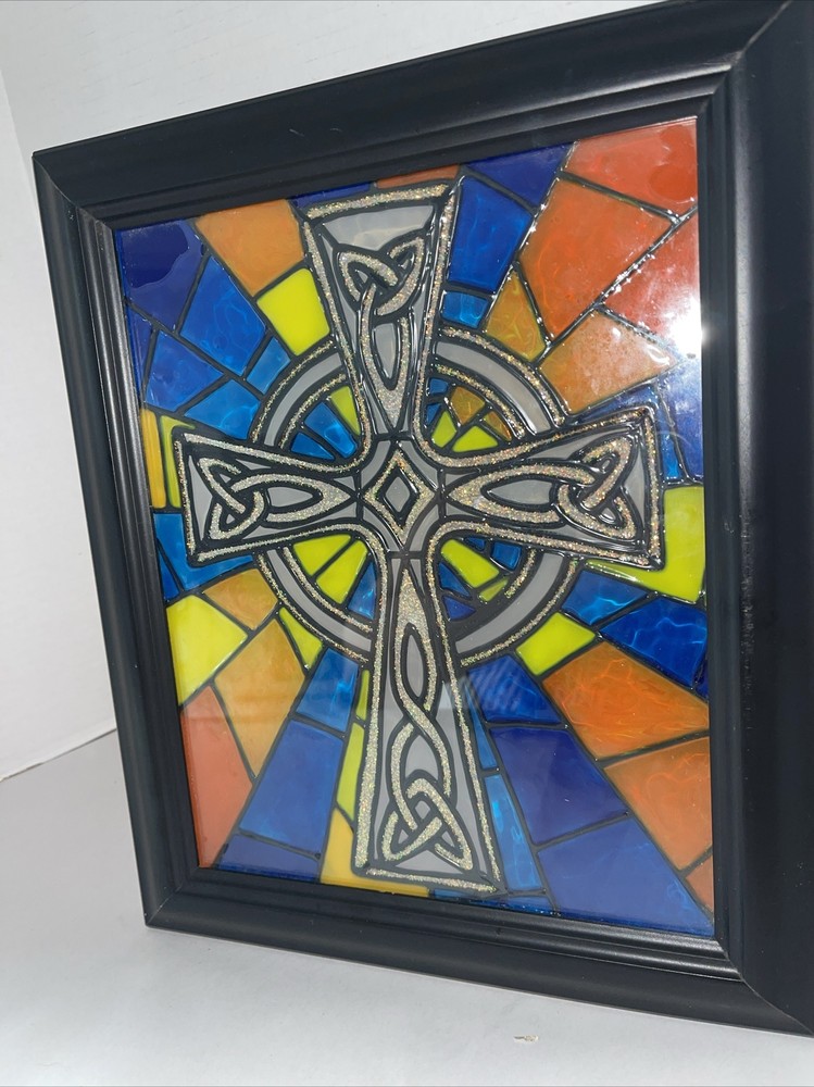 Celtic Cross Stained Glass Window Panel Rectangular Mid-Century Framed 10x12”