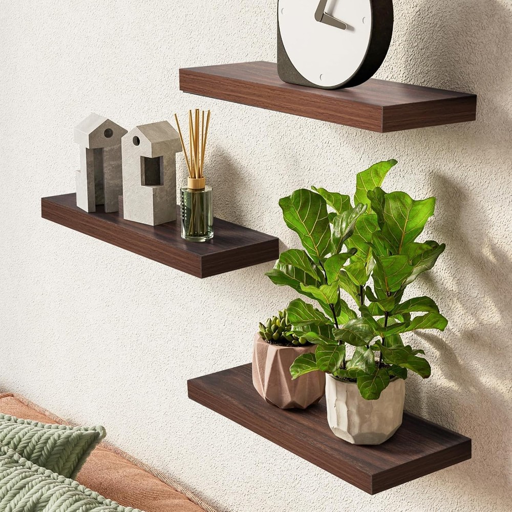 Set of 3 Floating Shelves - Rustic Walnut-Like Wall Mounted Storage Solution