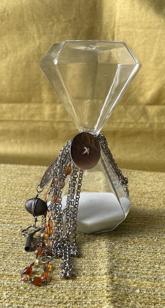 Assemblaged Art Using Modern Hourglass with Vintage Chains Key Button