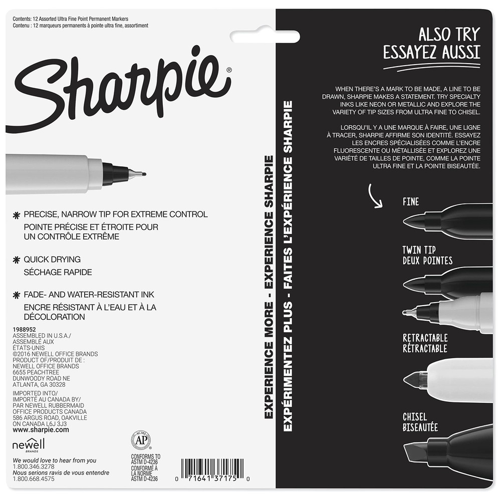 Sharpie Permanent Markers, Ultra Fine Point, Assorted Colors, 12 Count