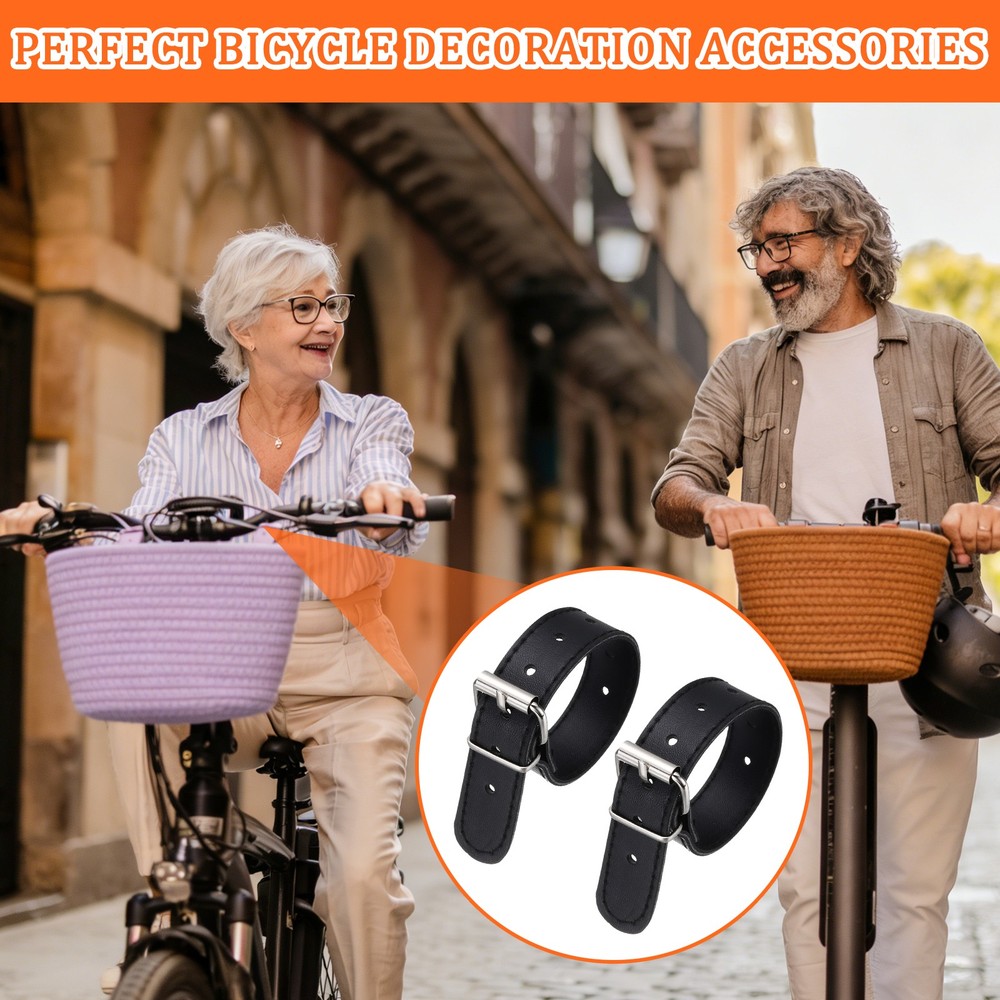 2 Pcs Adjustable Leather Bicycle Basket Strap, Black