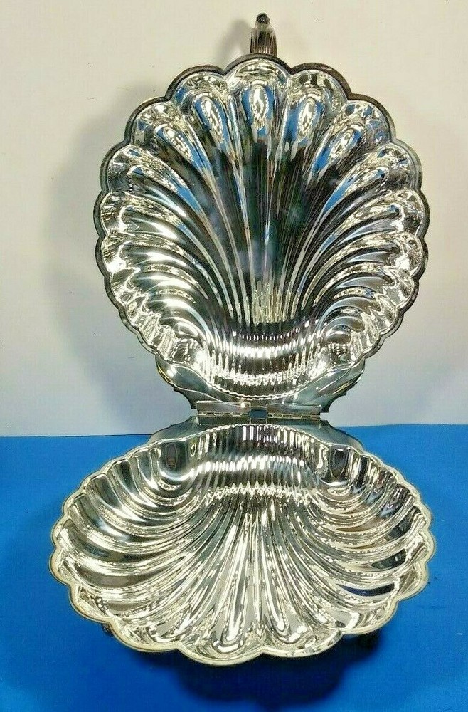 THE SHEFFIELD SILVER COMPANY CLAM SHELL HINGED FOOTED BUFFET SERVING DISH - U