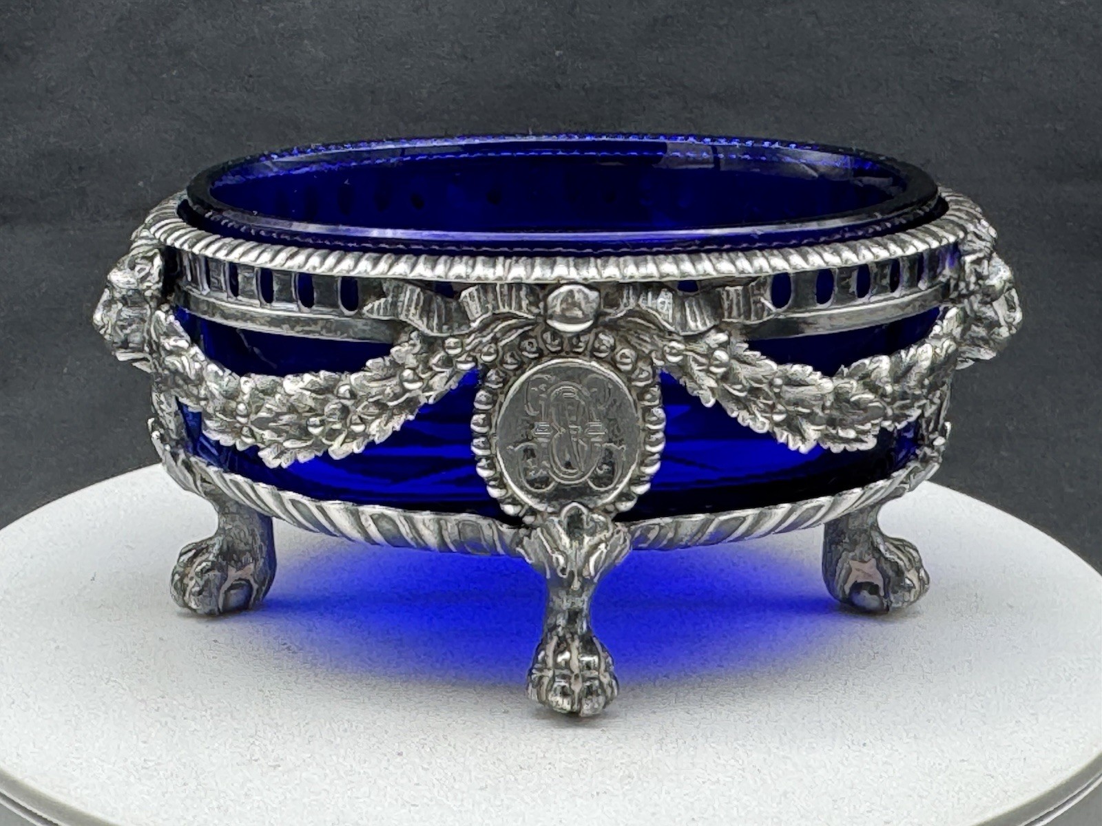 ANTIQUE FRENCH STERLING SILVER MASTER SALT CELLAR W/ COBALT BLUE GLASS INSERT