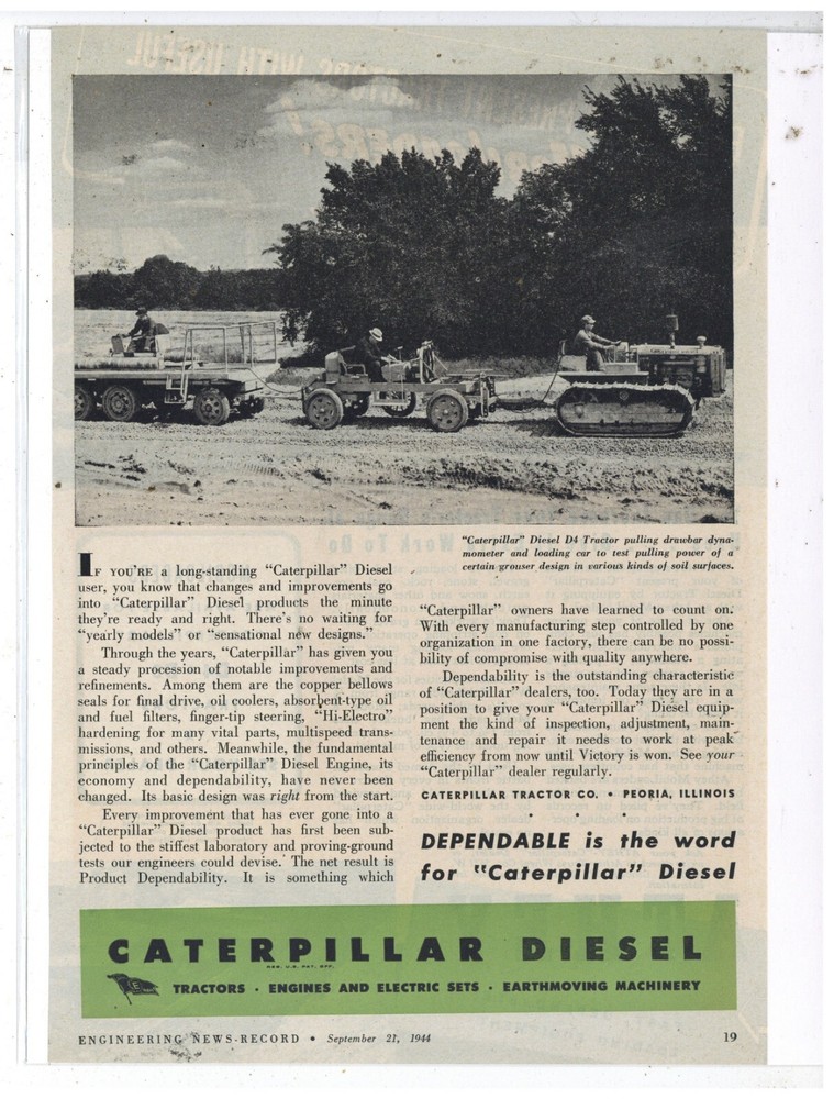 1944 Caterpillar Tractor Ad: D4 Tractor Pulling Drawbar Dynamometer, Loading Car