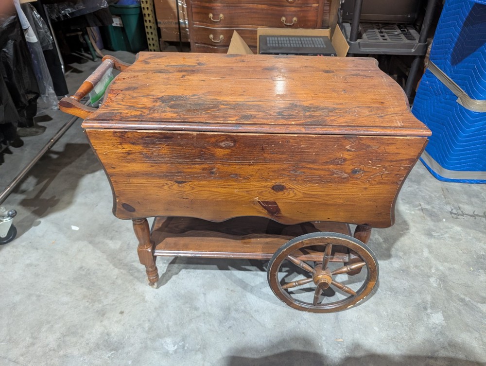 1960'S Solid Maple Drop Leaf Tea Cart Retractable Handle Drawer Rubber Tread