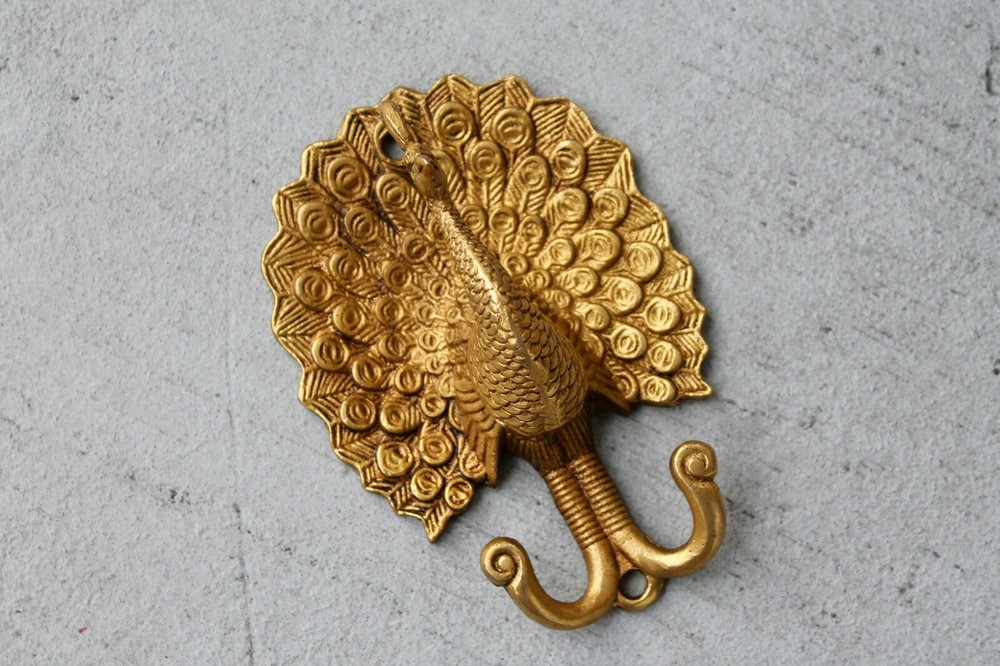 Antique Solid Brass Peacock coat hook rustic VTG bronze hook mid century modern