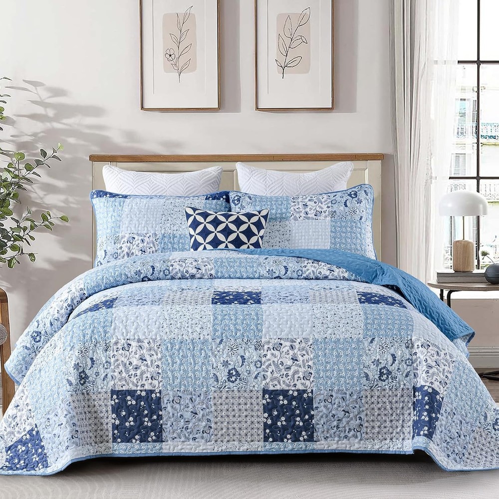 Menghomeus Blue Quilt Set Queen Boho Patchwork Bedspread Floral Queen,