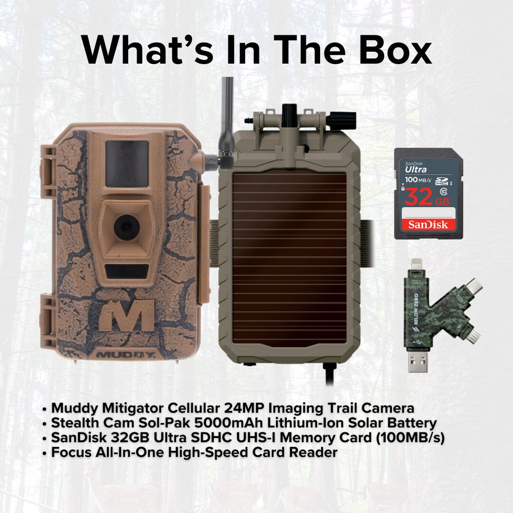 Muddy Mitigator Cellular 24MP Imaging Trail Camera with Solar Battery Bundle