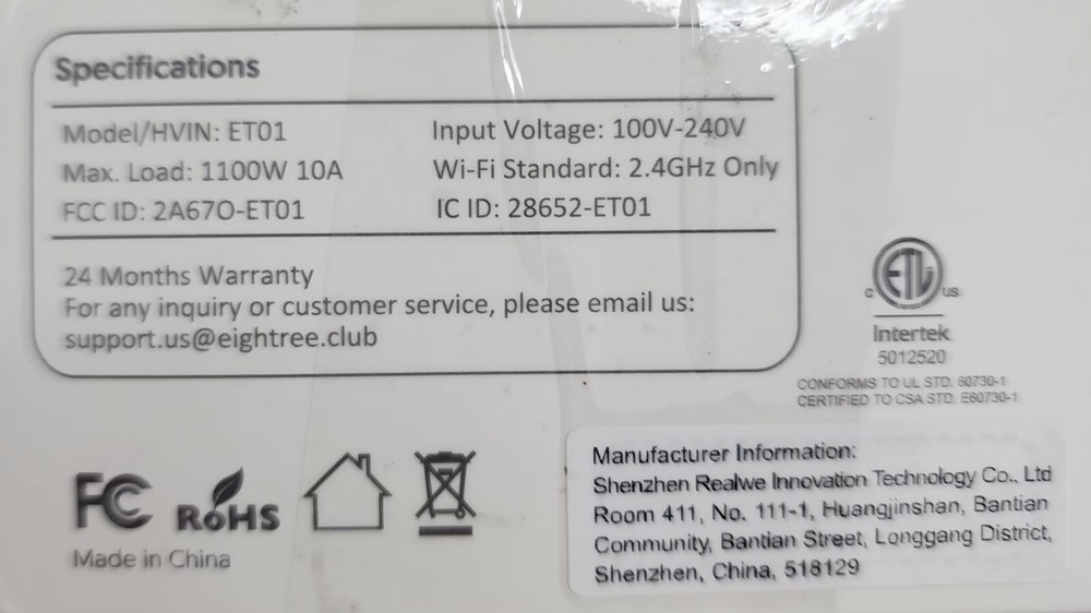 Eightree Model ET01 Smart Plug New Open Box