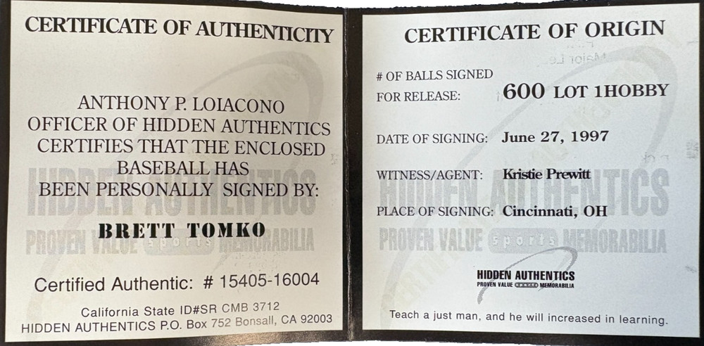 Brent Tomko Autographed Rawlings Baseball Hidden Authentics COA Authentication