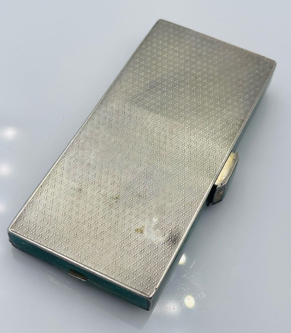 Antique Sterling Silver Green Enamel Rectangular Double Compartment Compact