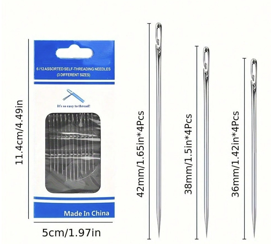 1pc 12‑Pack Self‑Threading Sewing Needles – Easy Thread, Assorted Sizes - NEW