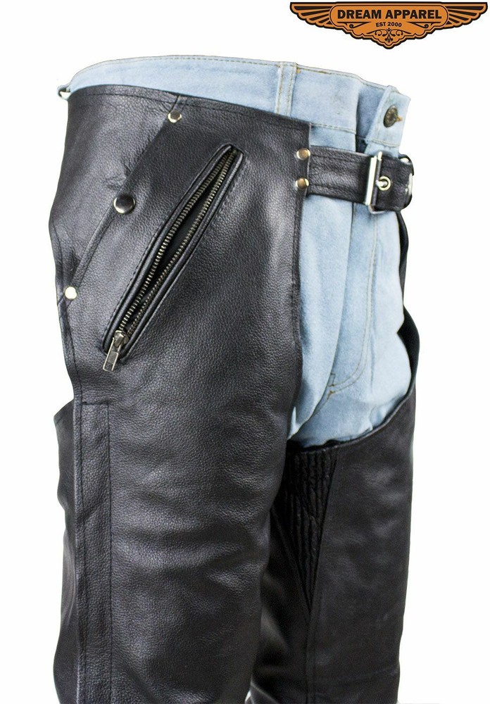 Men's Motorcycle Black Split Leather Chaps with Multiple Pockets and Mesh Lining