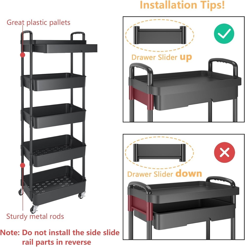 5-Tier Black Rolling Utility Cart with Drawer – Multifunctional Storage Solution