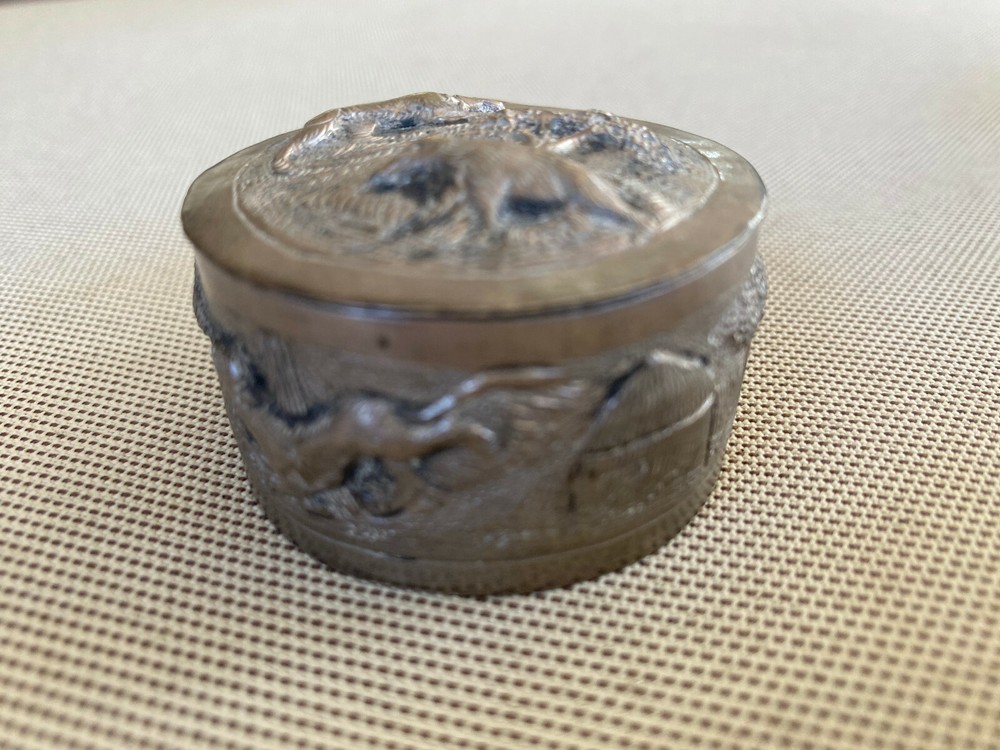 Antique Repousse Silverwork Trinket Patch Box Animals Trees Round Handmade