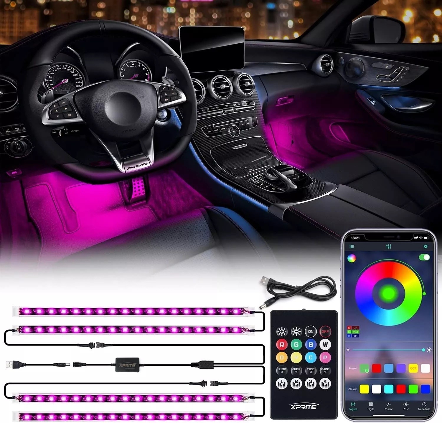 72 LED RGB Lights Car Interior Decor Atmosphere Strips USB Remote & APP Control