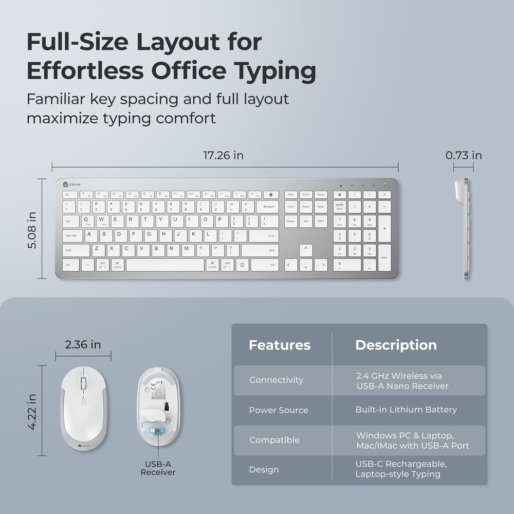 Wireless Keyboard and Mouse Combo Set for Apple Mac, Slim Size